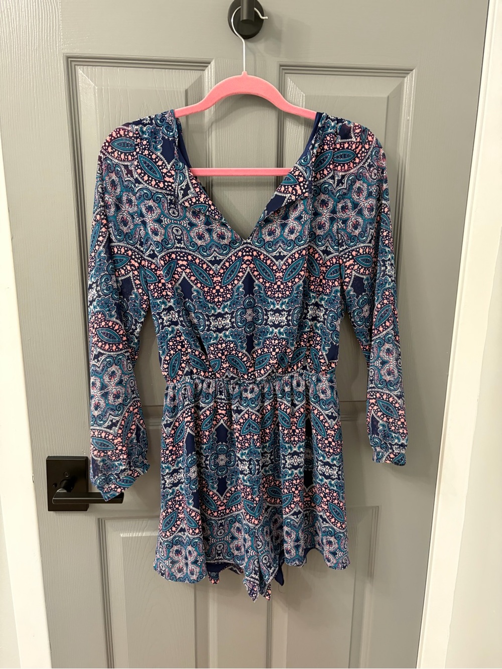 Long Sleeve Blue Paisley V-Neck Women's Rhomper